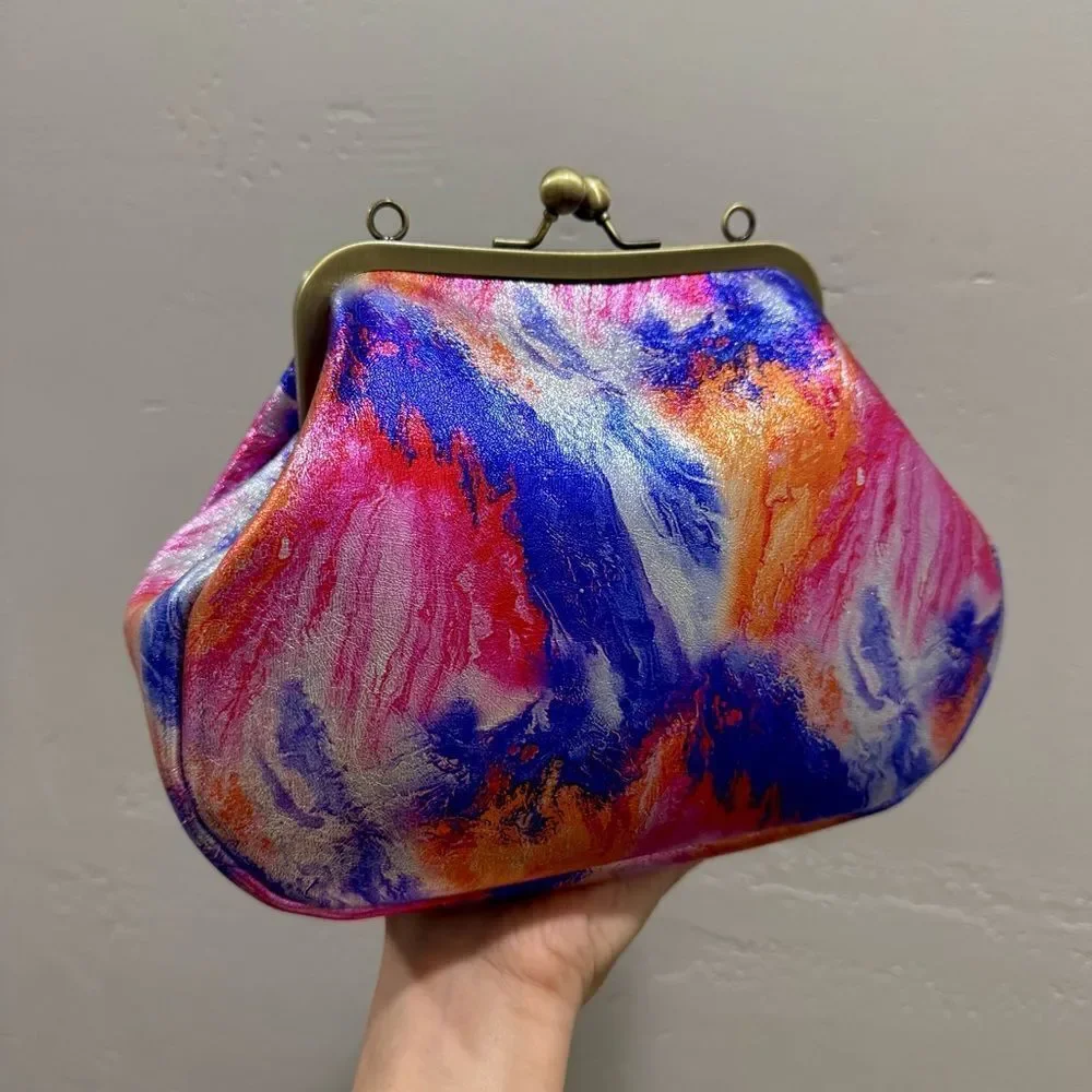 Iridescent Genuine Leather Handmade Vintage Style Kisslock Handbag, Crossbody